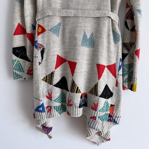 Desigual Asymmetric Open Knit Long Cardigan Colorful Geometric Belt Sweater Sz M - Picture 9 of 12
